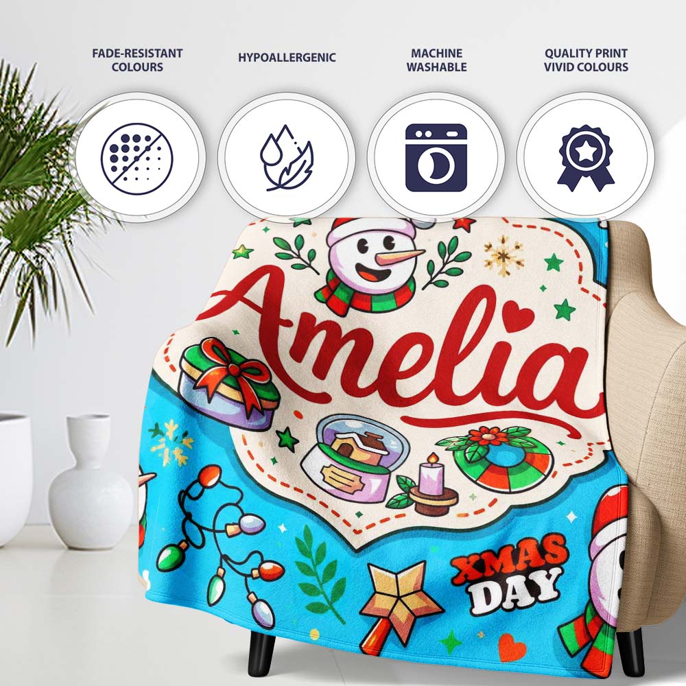 Cute Snowman Xmas Day Wreath Gifts Festive Seamless Pattern Lovely  Personalised Custom Name Super Soft Fleece Blanket Bed Sofa Throw