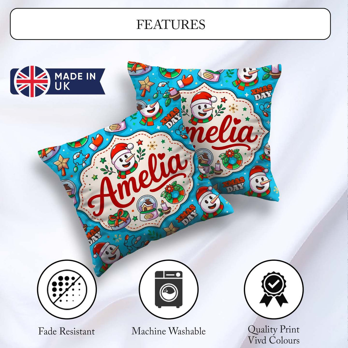 Custom Name Cute Snowman Xmas Day Gifts Festive Seamless Pattern Square Filled Cushion Throw Pillow Sofa Bed Home Decor Zip Washable UK Made