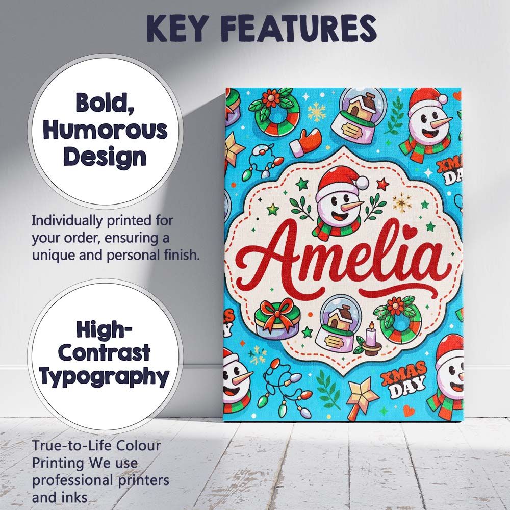Personalised Name Cute Snowman Xmas Day Custom  Modern Room Accent Elegant Feature Canvas Wall Art Print Decor Picture Ready to Hang