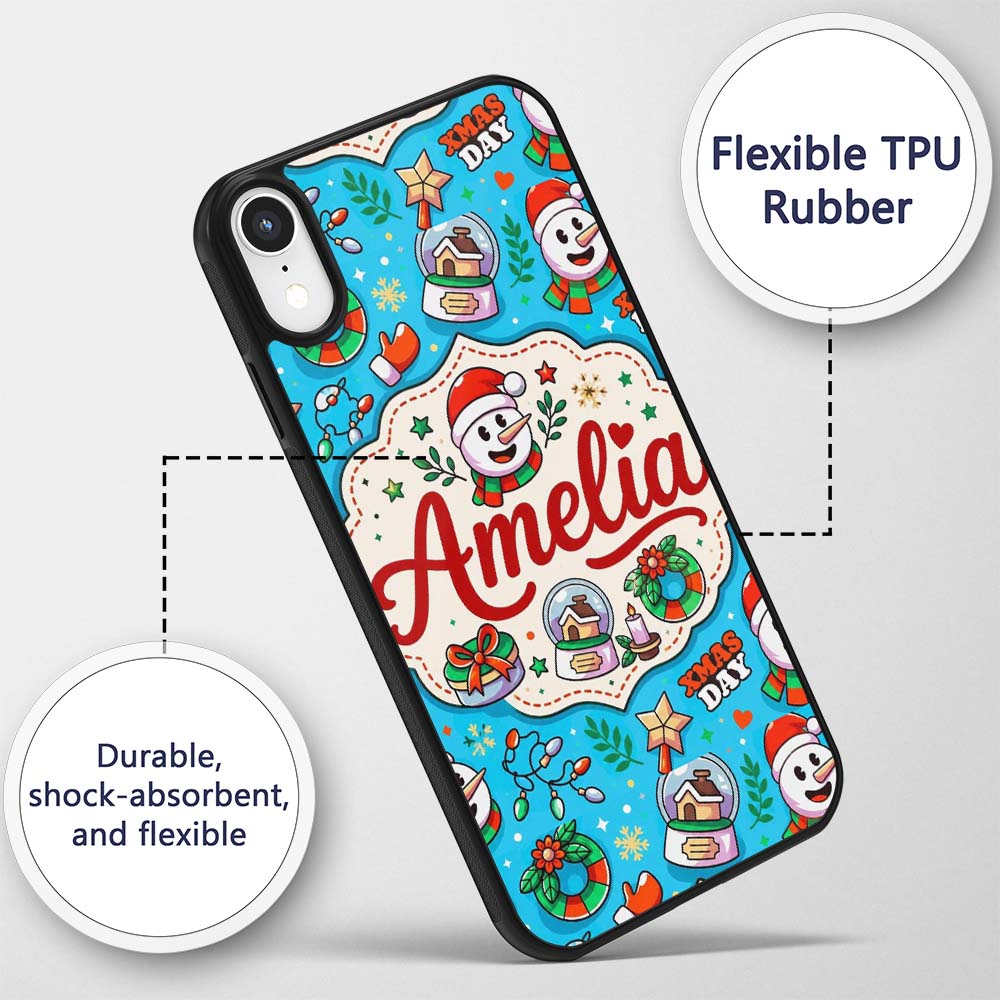 Cute Snowman Xmas Day Wreath Gifts Printed Design Custom Name Protective Phone Case Mobile Cover Durable Everyday Smartphone Shock Resistant
