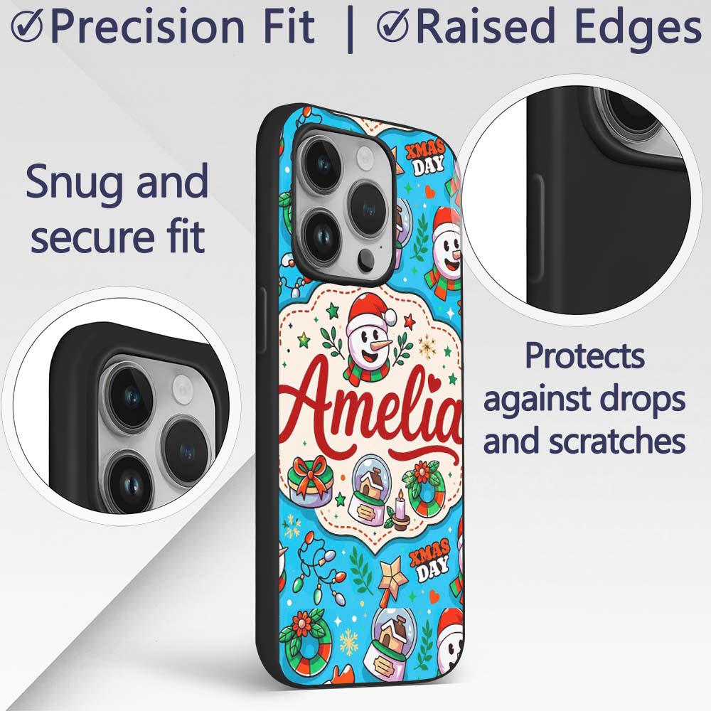 Cute Snowman Xmas Day Wreath Gifts Printed Design Custom Name Protective Phone Case Mobile Cover Durable Everyday Smartphone Shock Resistant