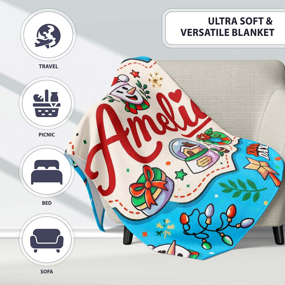 Cute Snowman Xmas Day Wreath Gifts Festive Seamless Pattern Lovely  Personalised Custom Name Super Soft Fleece Blanket Bed Sofa Throw