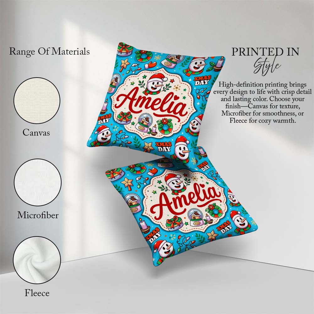 Custom Name Cute Snowman Xmas Day Gifts Festive Seamless Pattern Square Filled Cushion Throw Pillow Sofa Bed Home Decor Zip Washable UK Made
