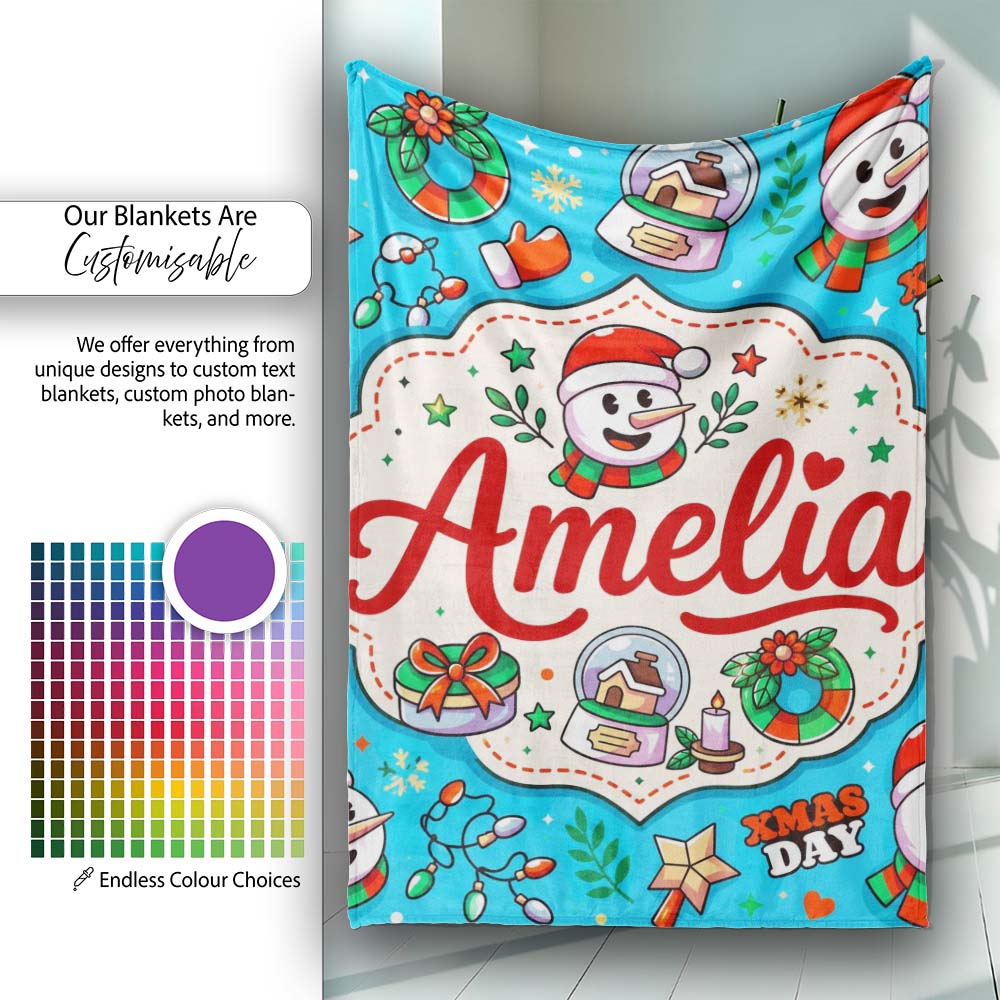 Cute Snowman Xmas Day Wreath Gifts Festive Seamless Pattern Lovely  Personalised Custom Name Super Soft Fleece Blanket Bed Sofa Throw