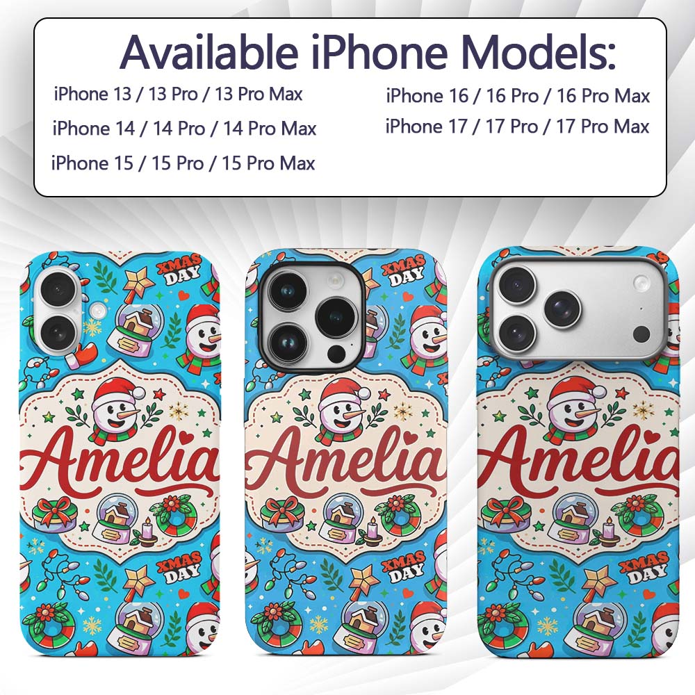 Cute Snowman Xmas Day Wreath Gifts Printed Design Custom Name Protective Phone Case Mobile Cover Durable Everyday Smartphone Shock Resistant