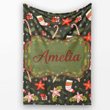 Cute Christmas Stockings Candy Canes Holly Floral Seamless Pattern  Personalised Custom Name Super Soft Fleece Blanket Bed Sofa Throw