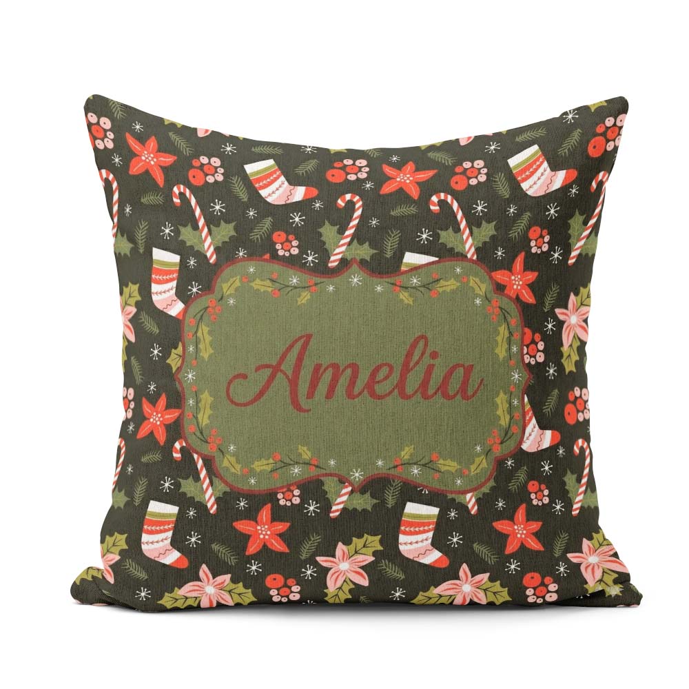 Custom Name Christmas Stockings Candy Canes Holly Floral Pattern Square Filled Cushion Throw Pillow Sofa Bed Home Decor Zip Washable UK Made