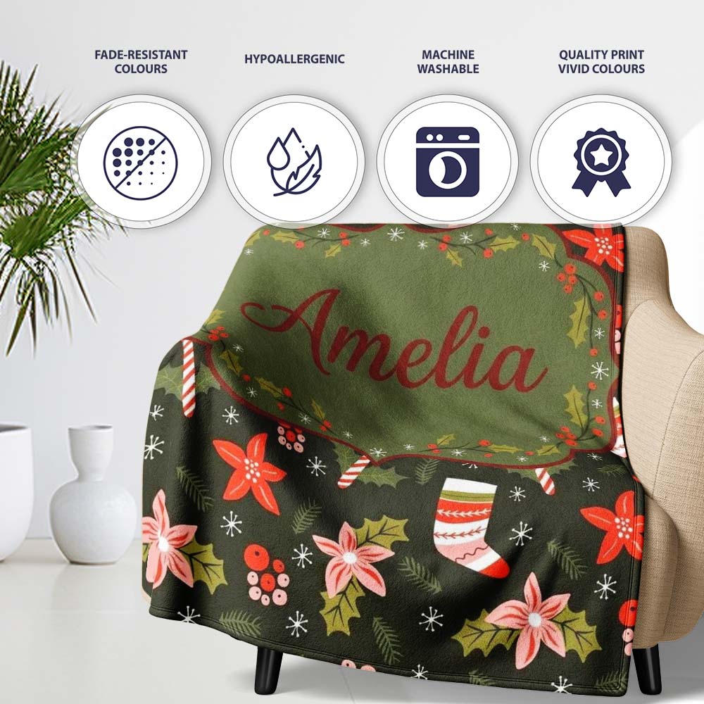 Cute Christmas Stockings Candy Canes Holly Floral Seamless Pattern  Personalised Custom Name Super Soft Fleece Blanket Bed Sofa Throw