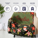 Cute Christmas Stockings Candy Canes Holly Floral Seamless Pattern  Personalised Custom Name Super Soft Fleece Blanket Bed Sofa Throw