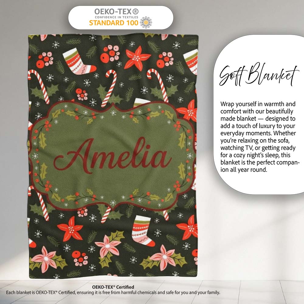 Cute Christmas Stockings Candy Canes Holly Floral Seamless Pattern  Personalised Custom Name Super Soft Fleece Blanket Bed Sofa Throw