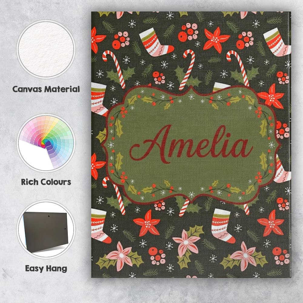 Personalised Name Cute Christmas Stockings Custom  Unique Gift Idea Elegant Feature Canvas Wall Art Print Decor Picture Ready to Hang