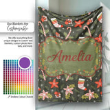 Cute Christmas Stockings Candy Canes Holly Floral Seamless Pattern  Personalised Custom Name Super Soft Fleece Blanket Bed Sofa Throw