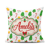 Custom Name Cute Christmas Trees Stars Holly Candy Cane Seamless Square Filled Cushion Throw Pillow Sofa Bed Home Decor Zip Washable UK Made