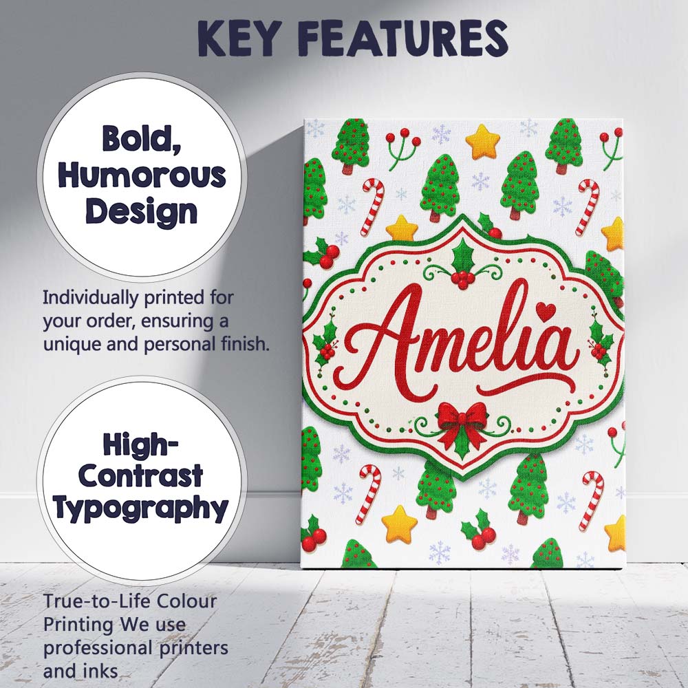 Personalised Name Cute Christmas Trees Custom  Modern Room Accent Elegant Feature Canvas Wall Art Print Decor Picture Ready to Hang