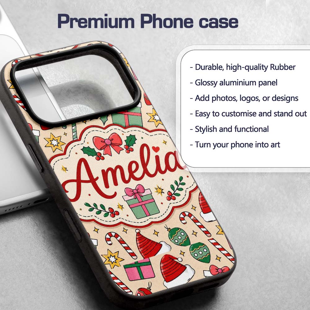 Cute Christmas Gifts Candy Canes Baubles Santa Custom Name Protective Phone Case Mobile Cover Durable Everyday Smartphone Shock Resistant