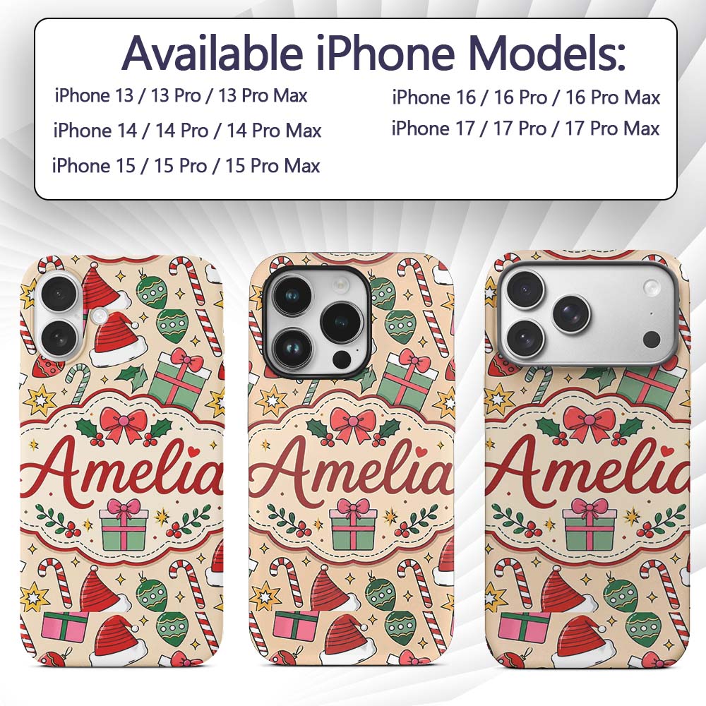 Cute Christmas Gifts Candy Canes Baubles Santa Custom Name Protective Phone Case Mobile Cover Durable Everyday Smartphone Shock Resistant