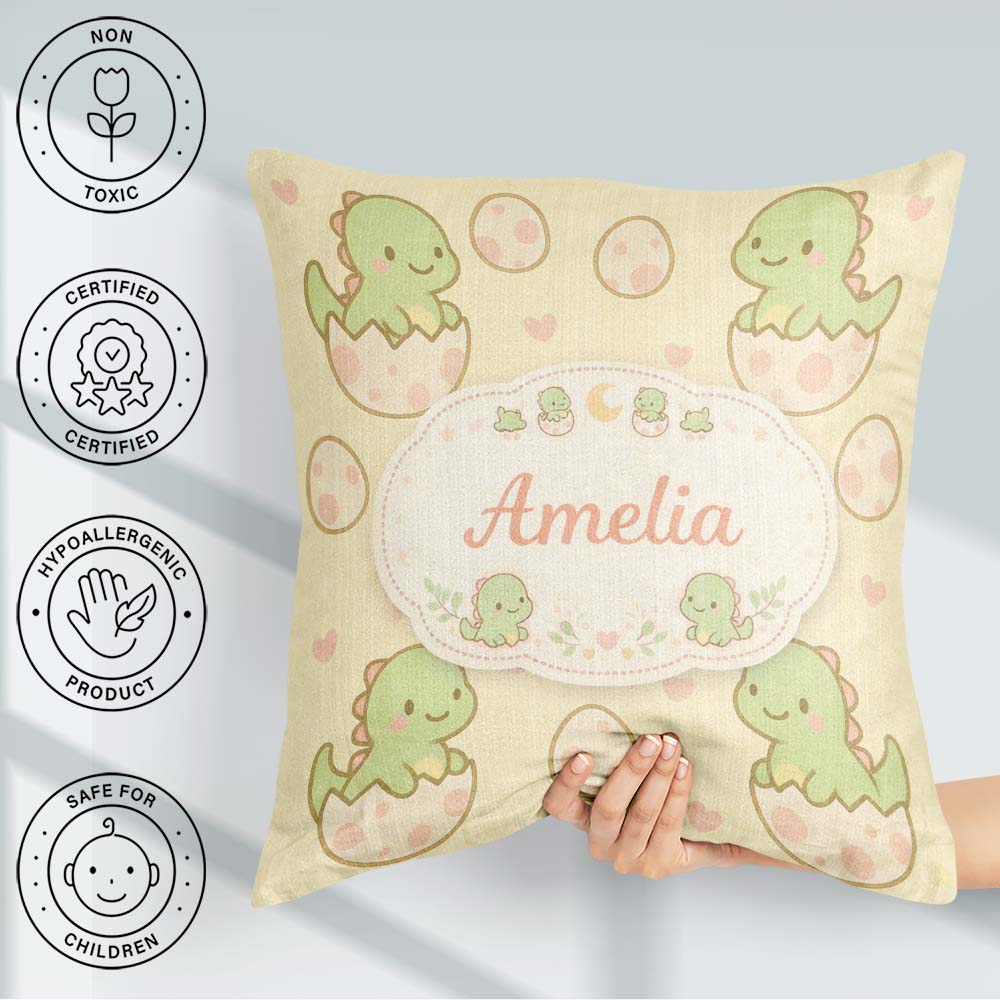 Custom Name Cute Baby Dinosaur Egg Cartoon Animal Pattern Cute Square Filled Cushion Throw Pillow Sofa Bed Home Decor Zip Washable UK Made