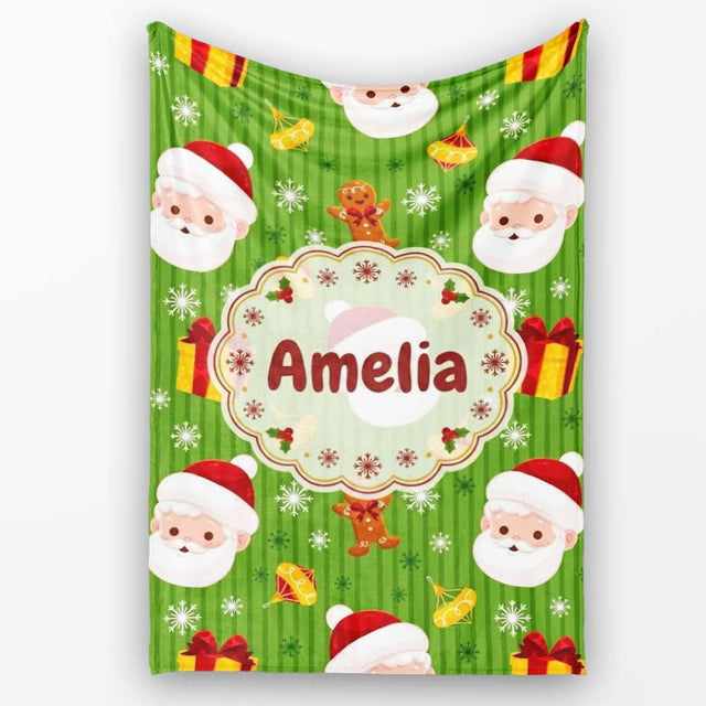 Cute Santa Claus Gingerbread Gift Snowflake Festive Seamless Pattern  Personalised Custom Name Super Soft Fleece Blanket Bed Sofa Throw