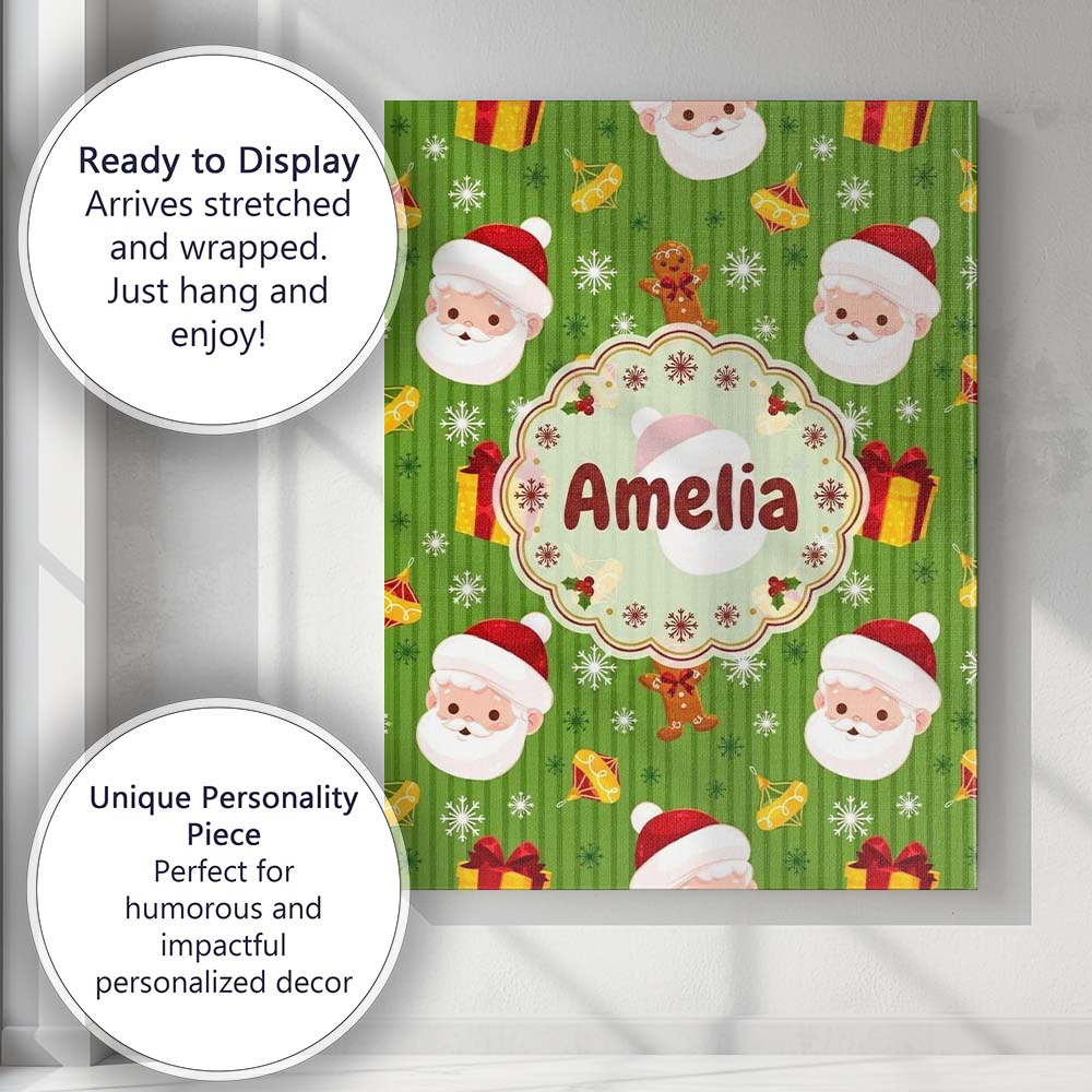 Personalised Name Cute Santa Claus Gingerbread Gift Snowflake Premium Decorative Design Canvas Wall Art Print Decor Picture Ready to Hang