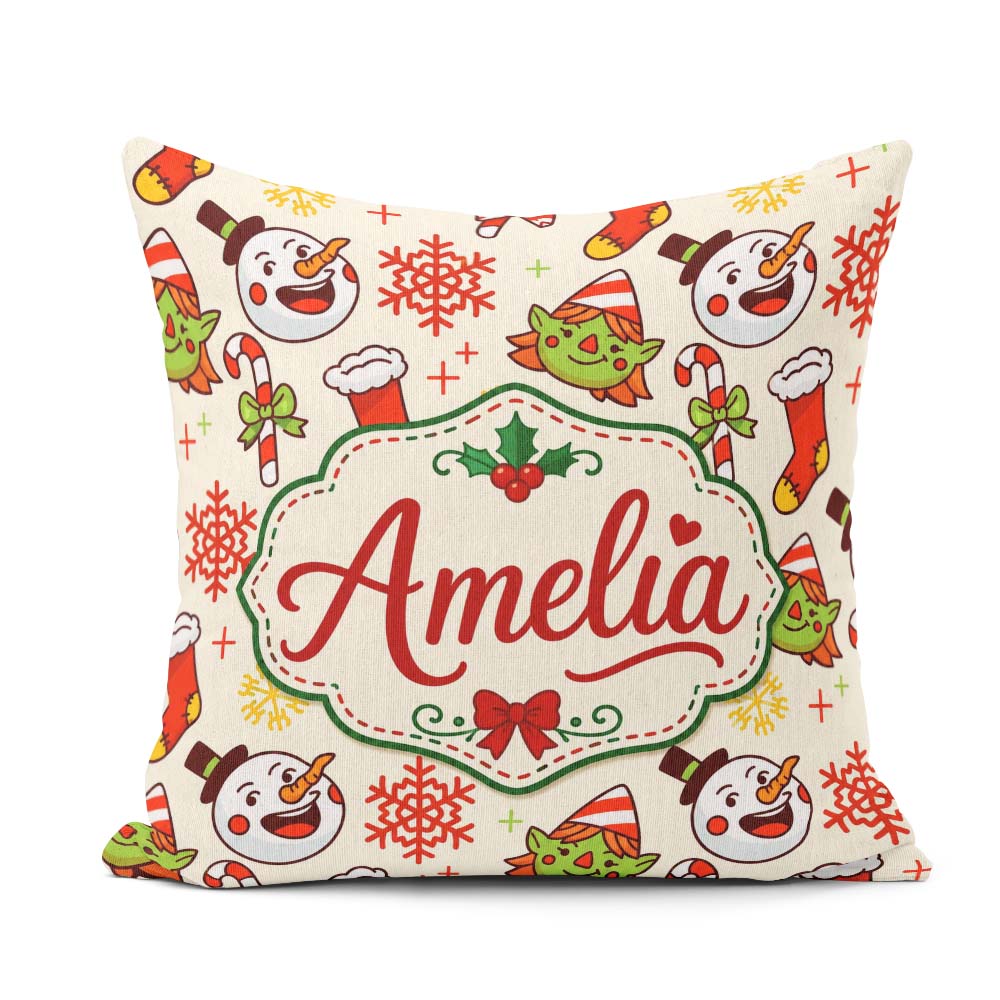 Custom Name Snowman Elf Cane Christmas Stocking Festive Seamless Square Filled Cushion Throw Pillow Sofa Bed Home Decor Zip Washable UK Made