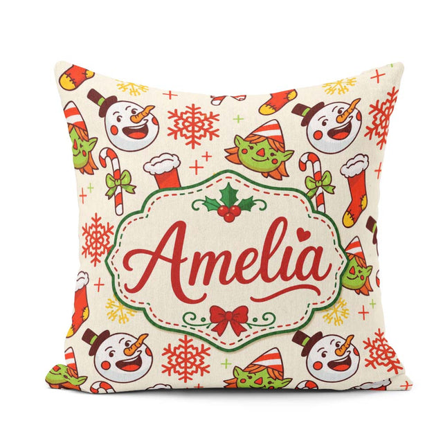 Custom Name Snowman Elf Cane Christmas Stocking Festive Seamless Square Filled Cushion Throw Pillow Sofa Bed Home Decor Zip Washable UK Made