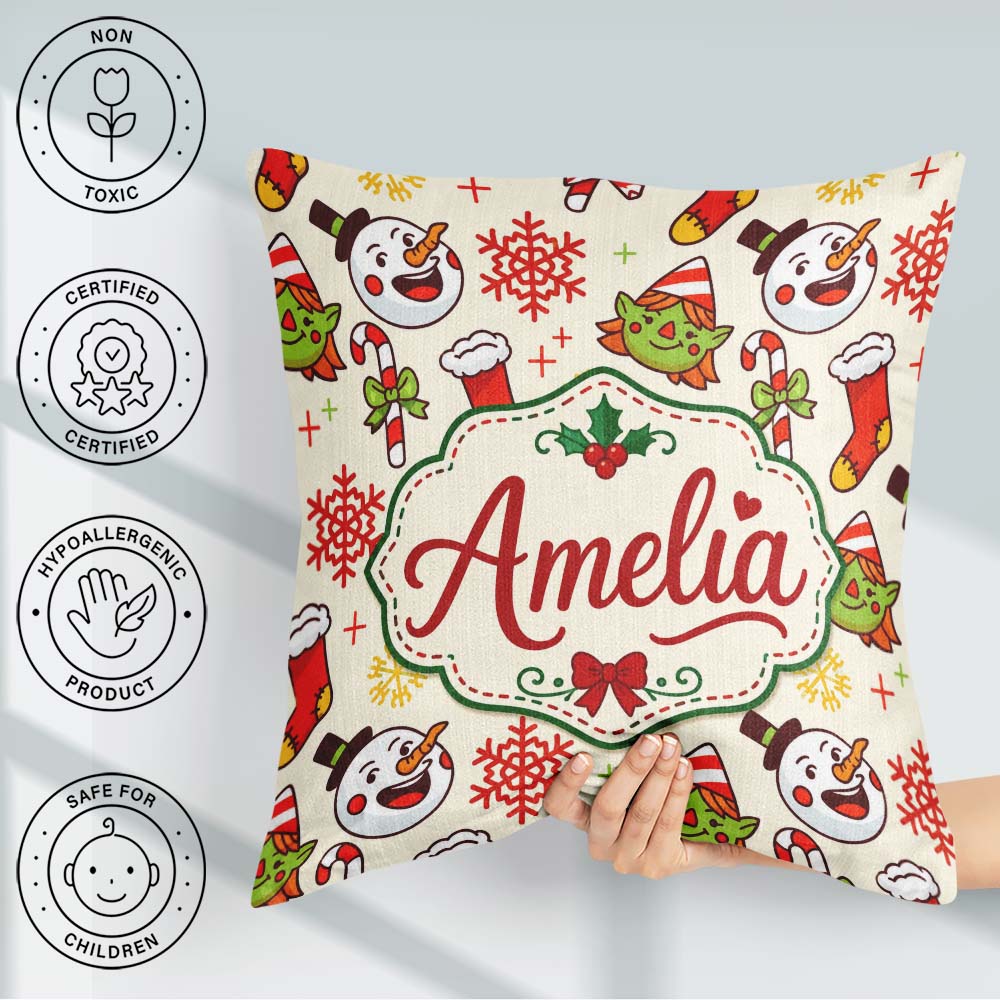 Custom Name Snowman Elf Cane Christmas Stocking Festive Seamless Square Filled Cushion Throw Pillow Sofa Bed Home Decor Zip Washable UK Made