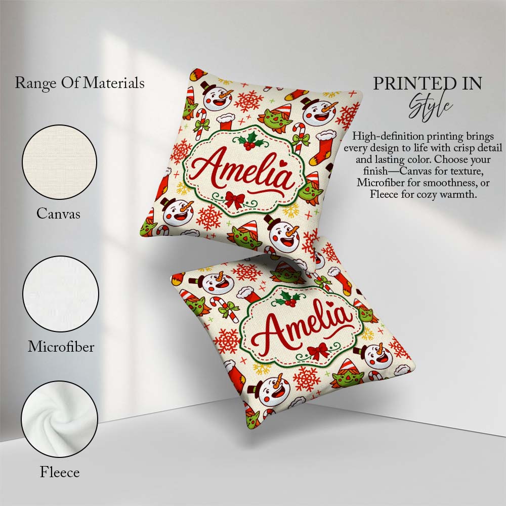 Custom Name Snowman Elf Cane Christmas Stocking Festive Seamless Square Filled Cushion Throw Pillow Sofa Bed Home Decor Zip Washable UK Made