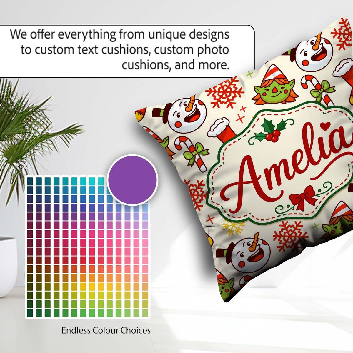 Custom Name Snowman Elf Cane Christmas Stocking Festive Seamless Square Filled Cushion Throw Pillow Sofa Bed Home Decor Zip Washable UK Made
