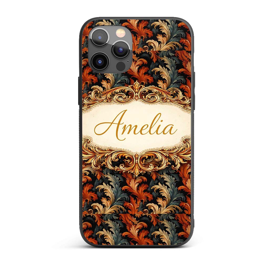 Orange Gold Baroque Floral Dark Background Luxury Custom Name Protective Phone Case Mobile Cover Durable Everyday Smartphone Shock Resistant