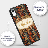 Orange Gold Baroque Floral Dark Background Luxury Custom Name Protective Phone Case Mobile Cover Durable Everyday Smartphone Shock Resistant