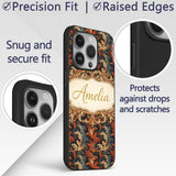 Orange Gold Baroque Floral Dark Background Luxury Custom Name Protective Phone Case Mobile Cover Durable Everyday Smartphone Shock Resistant