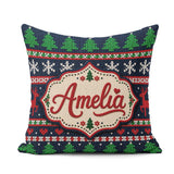 Custom Name Cute Knitted Reindeer Nordic Winter Seamless Pattern Square Filled Cushion Throw Pillow Sofa Bed Home Decor Zip Washable UK Made