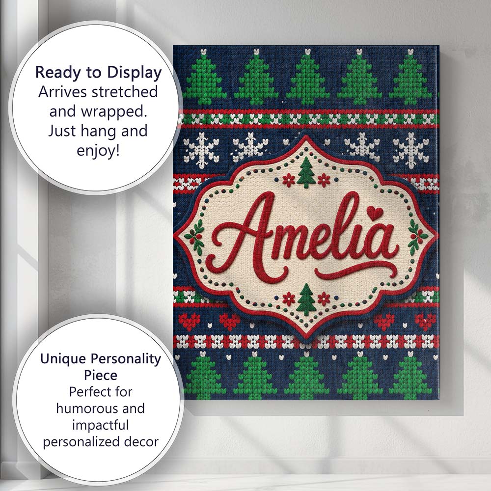 Personalised Name Cute Knitted Reindeer Custom  Modern Room Accent Elegant Feature Canvas Wall Art Print Decor Picture Ready to Hang