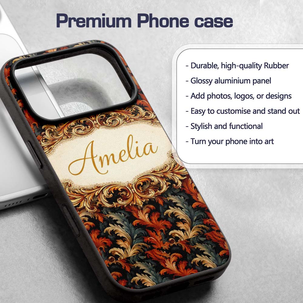 Orange Gold Baroque Floral Dark Background Luxury Custom Name Protective Phone Case Mobile Cover Durable Everyday Smartphone Shock Resistant
