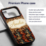 Orange Gold Baroque Floral Dark Background Luxury Custom Name Protective Phone Case Mobile Cover Durable Everyday Smartphone Shock Resistant