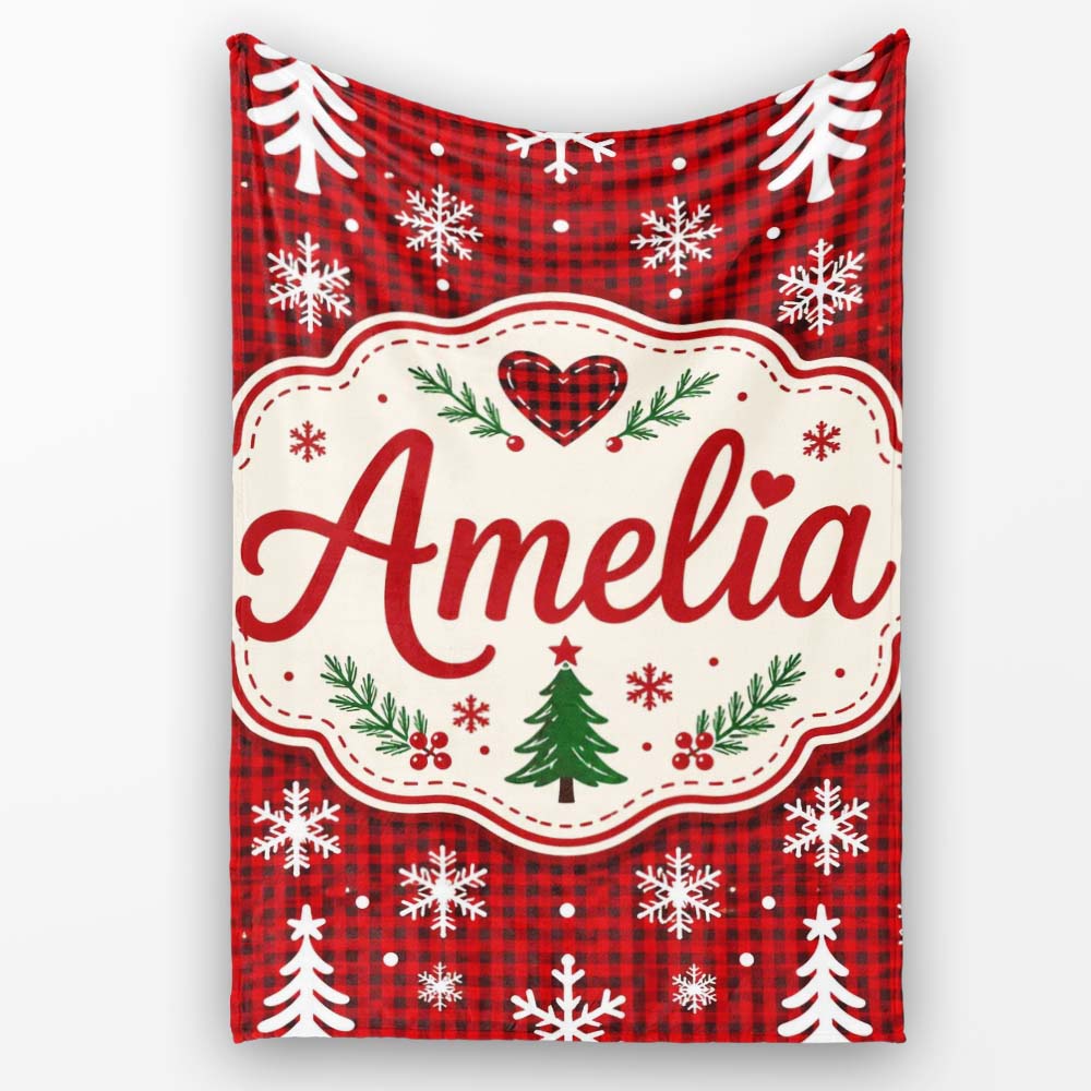 Cute Red Nordic Snowflake Christmas Tree Festive Seamless Pattern  Personalised Custom Name Super Soft Fleece Blanket Bed Sofa Throw