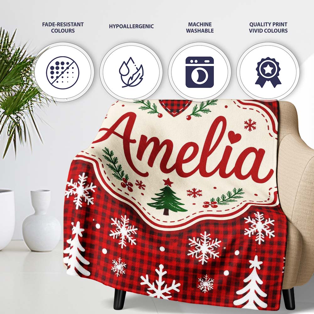 Cute Red Nordic Snowflake Christmas Tree Festive Seamless Pattern  Personalised Custom Name Super Soft Fleece Blanket Bed Sofa Throw