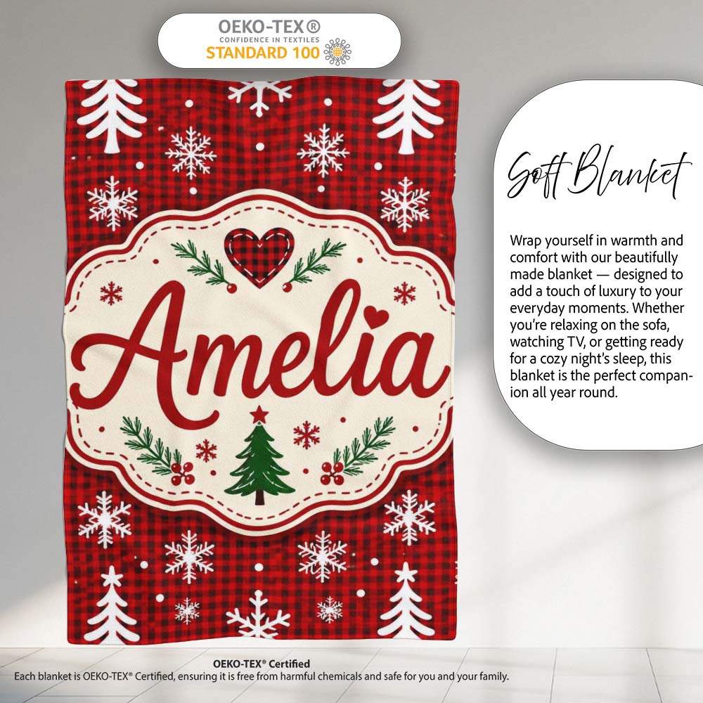 Cute Red Nordic Snowflake Christmas Tree Festive Seamless Pattern  Personalised Custom Name Super Soft Fleece Blanket Bed Sofa Throw