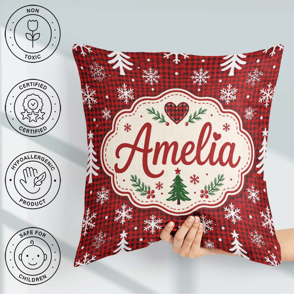 Custom Name Red Nordic Snowflake Christmas Tree Festive Seamless Square Filled Cushion Throw Pillow Sofa Bed Home Decor Zip Washable UK Made