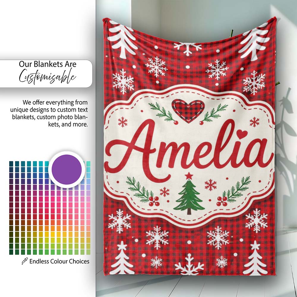 Cute Red Nordic Snowflake Christmas Tree Festive Seamless Pattern  Personalised Custom Name Super Soft Fleece Blanket Bed Sofa Throw