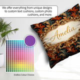 Custom Name Orange Gold Floral Dark Background Luxury Ornamental Square Filled Cushion Throw Pillow Sofa Bed Home Decor Zip Washable UK Made