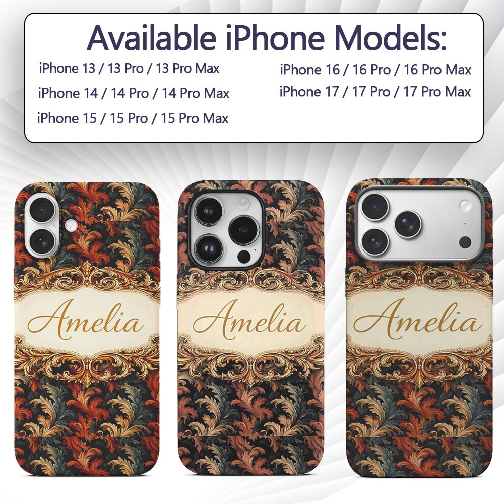 Orange Gold Baroque Floral Dark Background Luxury Custom Name Protective Phone Case Mobile Cover Durable Everyday Smartphone Shock Resistant