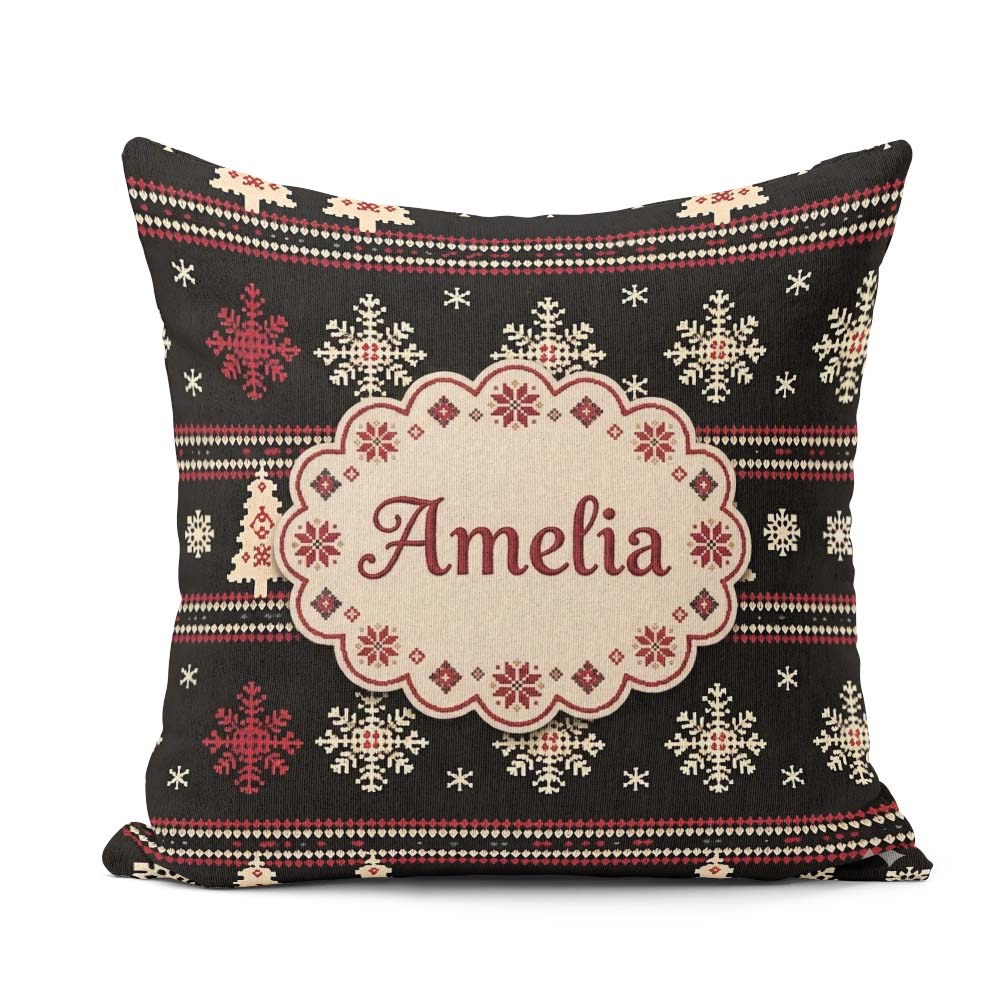 Custom Name Cute Nordic Snowflake Christmas Tree Winter Seamless Square Filled Cushion Throw Pillow Sofa Bed Home Decor Zip Washable UK Made
