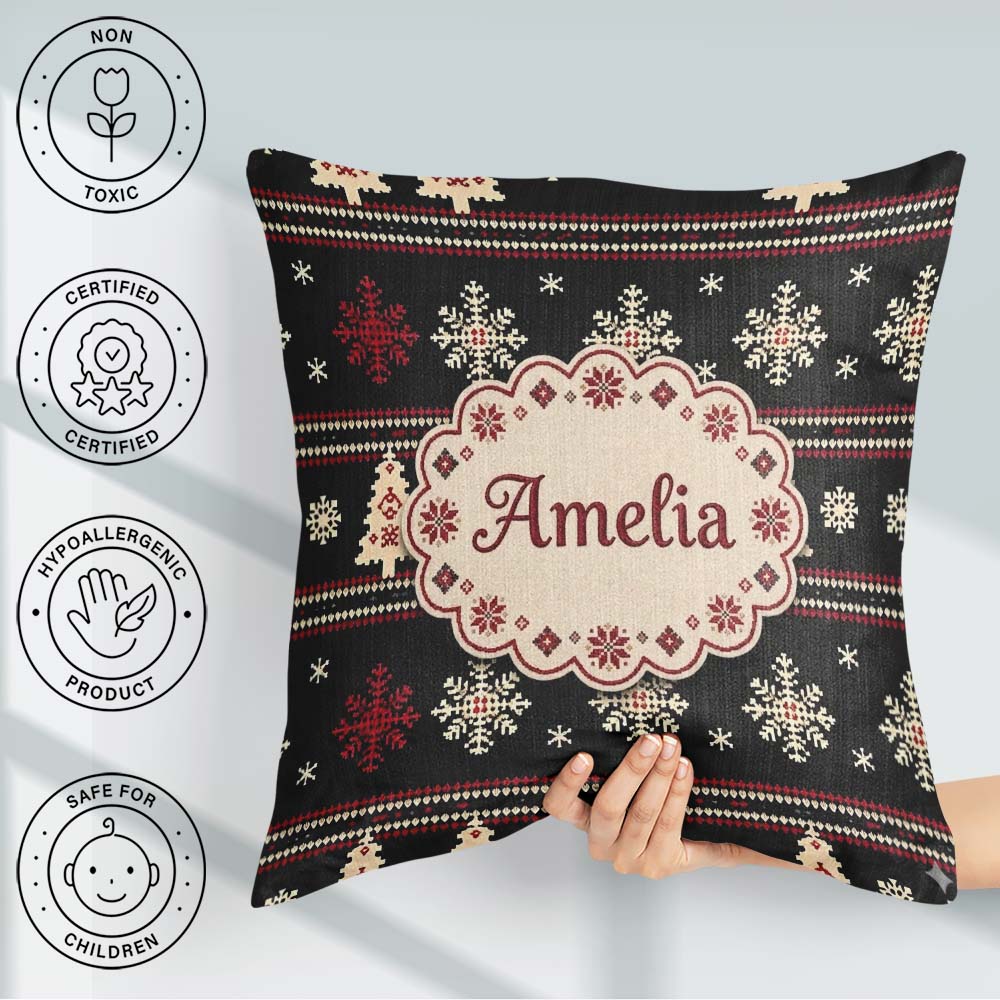 Custom Name Cute Nordic Snowflake Christmas Tree Winter Seamless Square Filled Cushion Throw Pillow Sofa Bed Home Decor Zip Washable UK Made