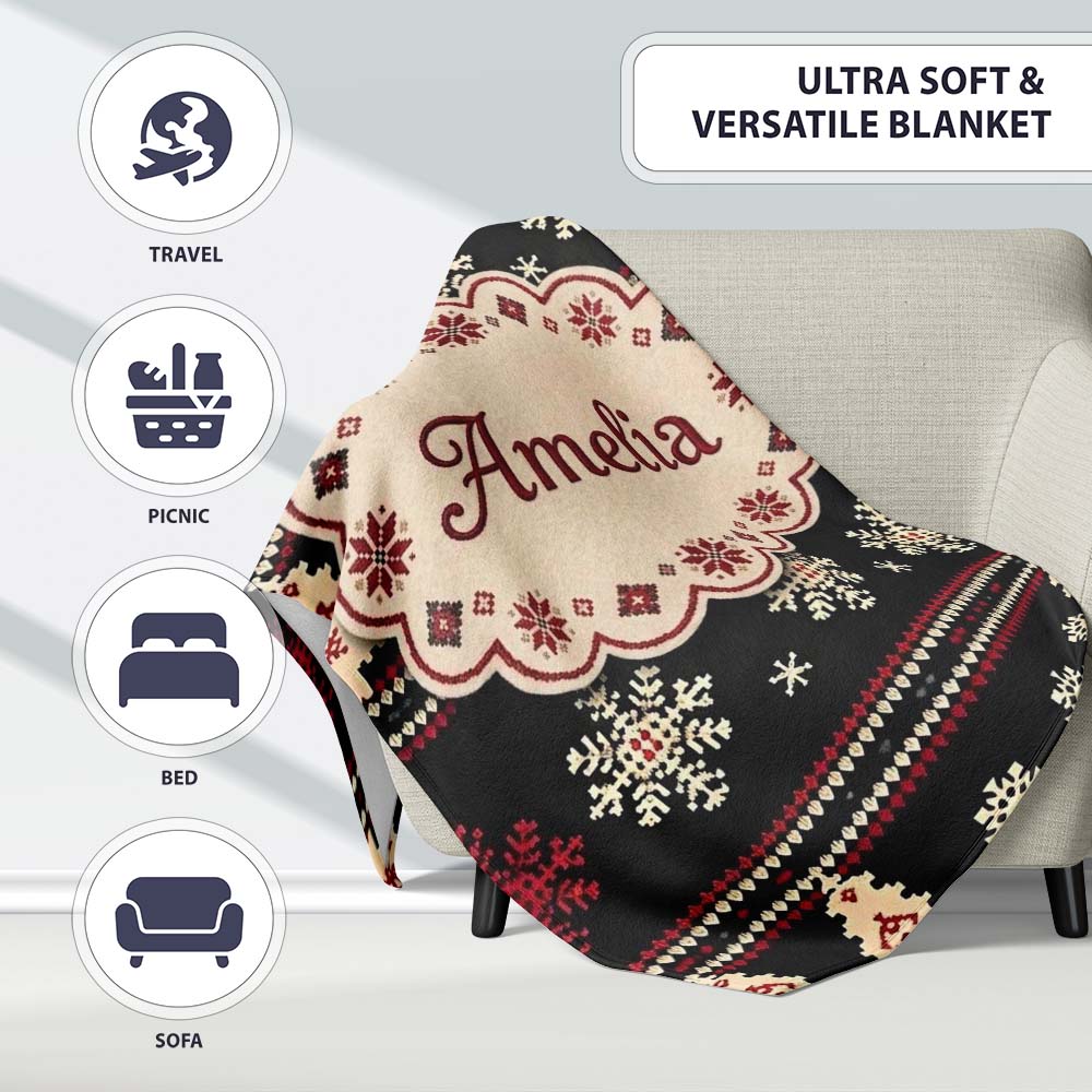 Cute Nordic Snowflake Christmas Tree Pattern Winter Seamless Pattern  Personalised Custom Name Super Soft Fleece Blanket Bed Sofa Throw
