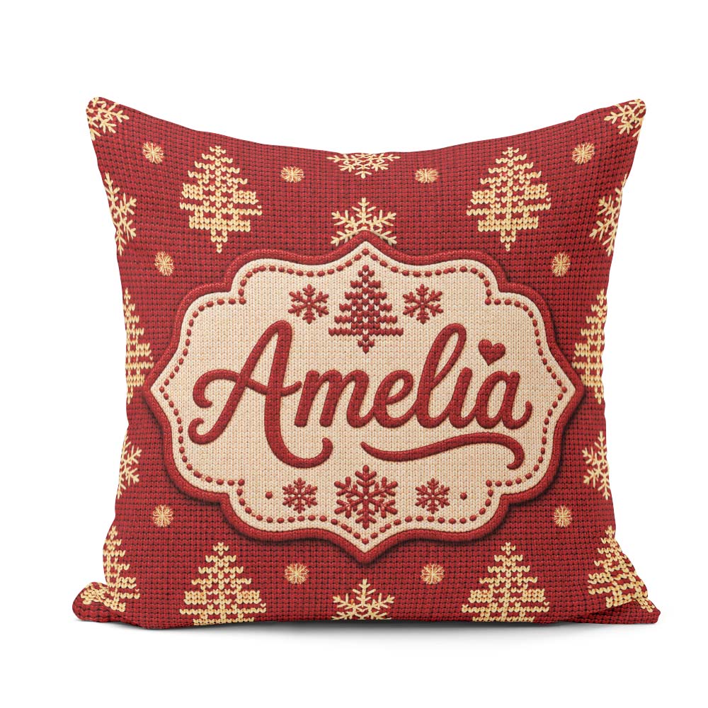 Custom Name Red Knitted Christmas Tree Snowflake Nordic Seamless Square Filled Cushion Throw Pillow Sofa Bed Home Decor Zip Washable UK Made