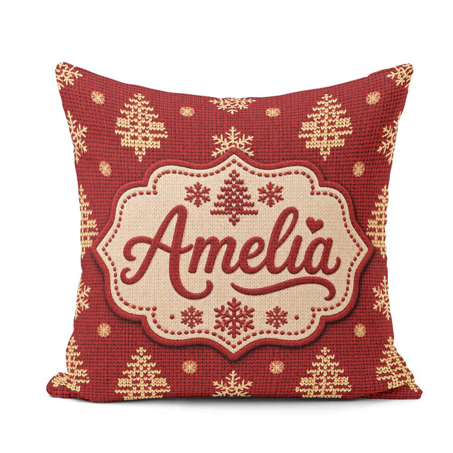 Custom Name Red Knitted Christmas Tree Snowflake Nordic Seamless Square Filled Cushion Throw Pillow Sofa Bed Home Decor Zip Washable UK Made