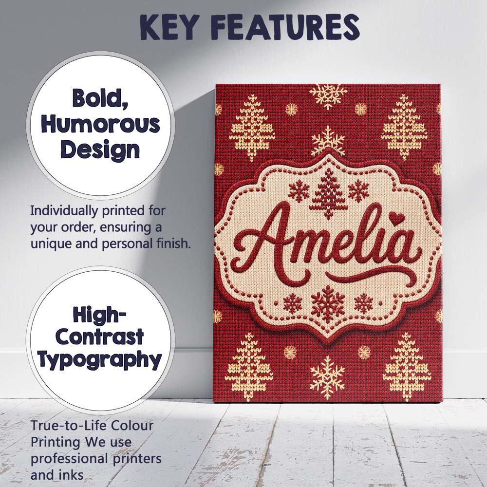 Personalised Name Cute Red Knitted Christmas Custom Bespoke  Contemporary Display Canvas Wall Art Print Decor Picture Ready to Hang