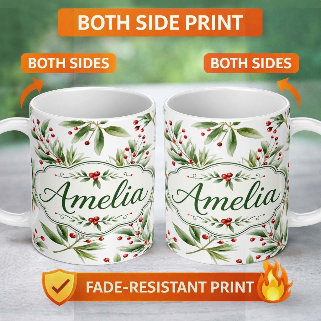 Personalized Custom Name Green Leaves Red Berry Botanical Elegant Seamless Pattern Lovely 11oz Ceramic Coffee Tea Mug White Large Handle