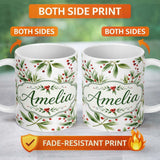 Personalized Custom Name Green Leaves Red Berry Botanical Elegant Seamless Pattern Lovely 11oz Ceramic Coffee Tea Mug White Large Handle